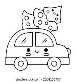 Vector Black And White Kawaii Car With Christmas Tree. Cute Winter Automobile Illustration Isolated On White. New Year Transport With Decorated Fir Tree. Funny Line Icon, Coloring Page
