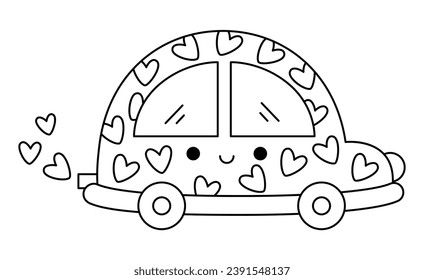 Vector black and white kawaii car with hearts. Line smiling automobile isolated clipart. Cute transport outline illustration. Funny Saint Valentine day coloring page for kids with love concept
