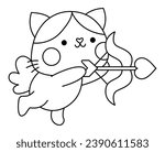 Vector black and white kawaii cat cupid icon with wings, bow and arrow. Line kitty isolated clipart. Cute kitten illustration. Funny Saint Valentine day coloring page for kids with love concept
