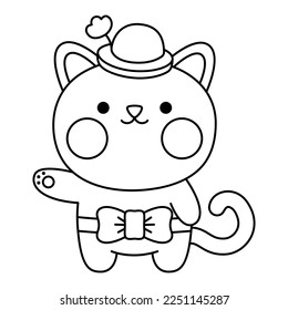 Vector black and white kawaii cat icon for kids. Cute line animal illustration or coloring page. Funny cartoon character. Adorable kitten clipart with bow and hat with flower
