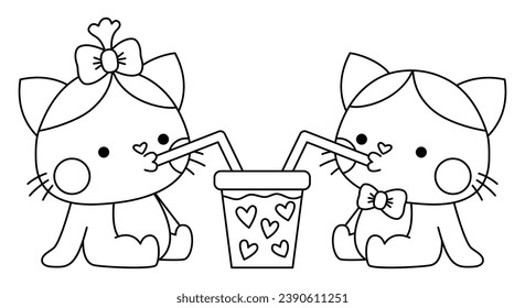 Vector black and white kawaii cat pair drinking bubble tea. Line kitties isolated clipart. Cute kitten outline illustration. Funny Saint Valentine day coloring page for kids with love concept
