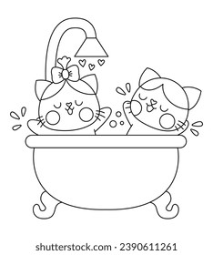 Pareja de gatos kawaii blanco y negro vectorial tomando baño. Línea de gatitos aislados de clipart. Ilustración de contorno de gatito de corte. Graciosa página de colorear el día de San Valentín para niños con concepto de amor
