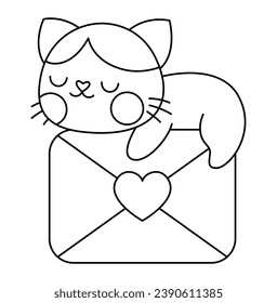 Vector black and white kawaii cat sleeping on envelope with heart. Line kitty isolated clipart. Cute kitten illustration. Funny Saint Valentine day coloring page for kids with love mail concept