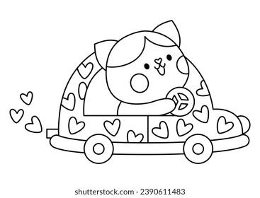 Vektorschwarz-weiße Kawaii Katze Auto mit Herzen fahren. Line kitty isolierte Clipart-Kunst. Cute Kätzchen Umriss Illustration. Funny St. Valentinstag farbige Seite für Kinder mit Liebeskonzept
