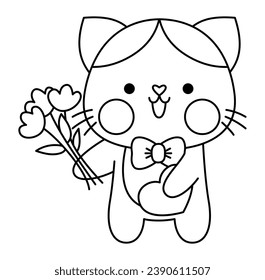 Vector icono del gato kawaii blanco y negro con corbata de arco y flores. Línea de gatito aislado clipart. Ilustración de gatito. Graciosa página de colorear el día de San Valentín para niños con concepto de amor
