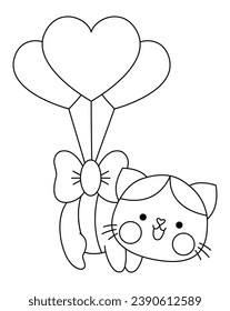 Vector black and white kawaii cat flying on heart shaped balloons. Line kitty isolated clipart. Cute kitten illustration, icon. Funny Saint Valentine day coloring page for kids with love concept