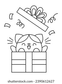 Vector black and white kawaii cat getting out of the present box. Line kitty isolated clipart. Cute kitten illustration. Funny Saint Valentine day coloring page for kids with love or surprise concept
