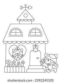 Vektorschwarz-weißes kawaii Katzenhaus, Mädchen wartet auf Junge mit Blumen. Line Kitties einzeln Clipkunst. Cute kitten Symbol. Funny St. Valentinstag farbige Seite für Kinder mit Liebeskonzept
