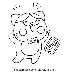Vector black and white kawaii cat boy with heart shaped eyes. Line kitty isolated clipart. Cute overjoyed kitten in love who got message. Funny Saint Valentine day coloring page or icon for kids 
