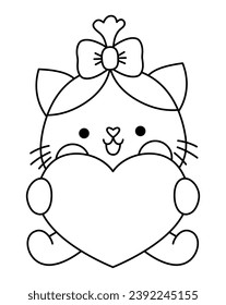 Vector black and white kawaii cat girl sitting with heart. Line kitty isolated clipart or icon. Cute kitten outline illustration. Funny Saint Valentine day coloring page for kids with love concept
