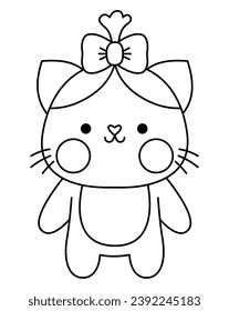 Vector black and white kawaii cat girl icon with bow. Line kitty isolated clipart. Cute kitten outline illustration. Funny Saint Valentine day coloring page for kids with love concept
