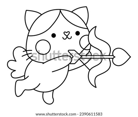 Vector black and white kawaii cat cupid icon with wings, bow and arrow. Line kitty isolated clipart. Cute kitten illustration. Funny Saint Valentine day coloring page for kids with love concept
