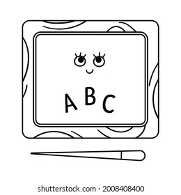 Vector black and white kawaii chalk board illustration. Contour back to school educational clipart. Cute line style blackboard. Funny outline picture for kids
