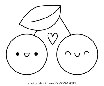 Vector black and white kawaii cherries. Line berry isolated clipart. Cute Saint Valentine day outline illustration. Funny coloring page for kids with love or perfect match or pair concept
