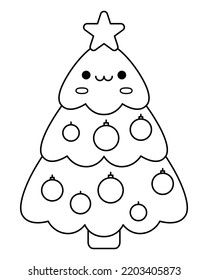 Vector black and white kawaii Christmas tree with star. Cute fir tree character illustration isolated on white background. New Year or winter smiling symbol. Funny line icon, coloring page
