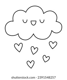 Vector black and white kawaii cloud icon raining with hearts. Line nature object isolated clipart. Cute line illustration. Funny Saint Valentine day coloring page for kids with love concept
