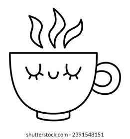 Vector black and white kawaii cup icon. Line smiling hot beverage clipart. Cute outline tea or coffee illustration. Funny coloring page for kids with drink concept
