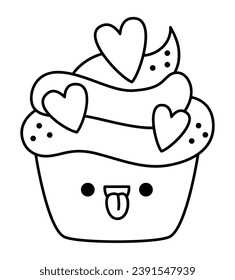 Vector black and white kawaii cupcake icon with heart shaped confetti. Line cake clipart. Cute dessert illustration. Funny Saint Valentine day coloring page for kids with love concept
