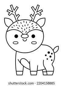 Vector black and white kawaii deer. Cute Christmas animal character illustration isolated on white background. New Year or winter smiling little reindeer. Funny line icon, coloring page
