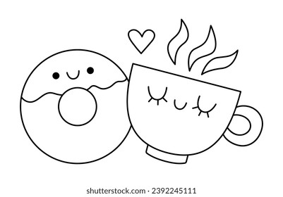 Vector black and white kawaii donut and cup. Line dessert isolated clipart. Cute Saint Valentine day illustration. Funny coloring page for kids with love or perfect match or pair concept
