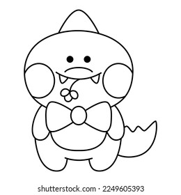 Vector black and white kawaii dragon icon for kids. Cute line animal illustration or coloring page. Funny cartoon character. Adorable crocodile clipart with bow and flower in the mouth
