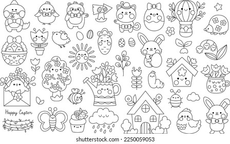 Vector black and white kawaii Easter clipart set for kids. Cute cartoon characters. Traditional line symbols collection with bunny, eggs, bird, chick, basket, flowers. Spring holiday coloring page
