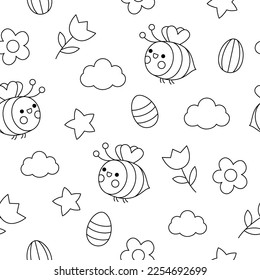 Vector black and white kawaii Easter or spring seamless pattern for kids. Cute cartoon repeat background, coloring page. Traditional symbols digital paper with colored eggs, bumblebees
