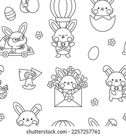 Vector black and white kawaii Easter seamless pattern for kids with funny bunnies. Cute spring cartoon repeat background or coloring page. Digital paper with colored eggs and cute rabbits
