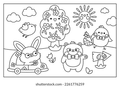 Vector black and white kawaii Easter scene with bunny on a car and chick with basket. Spring cartoon line illustration. Cute holiday egg hunt coloring page for kids with tree, bird, panda bear
