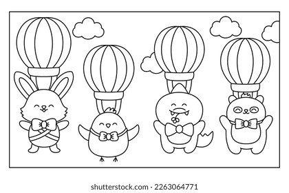 Vector black and white kawaii Easter scene with animals flying on hot air balloons in the sky. Spring line cartoon illustration. Cute scenery or coloring page for kids with bunny, chick, crocodile