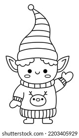 Vector black and white kawaii elf in hat, mittens and sweater. Cute Christmas character illustration isolated on white. New Year or winter smiling dwarf. Funny line icon, coloring page
