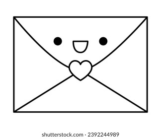 Vector black and white kawaii envelope sealed with heart icon. Line letter isolated clipart. Cute message outline illustration. Funny Saint Valentine day coloring page for kids, love mail concept
