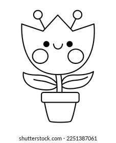 Vector black and white kawaii flower pot with tulip icon for kids. Cute line Easter symbol illustration or coloring page. Funny cartoon character. Adorable spring clipart with house plant
