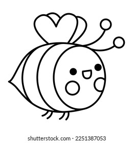 Vector black and white kawaii flying bee icon for kids. Cute line animal illustration or coloring page. Funny cartoon character. Adorable insect clipart
