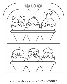 Vector black and white kawaii fridge with egg packaging and hatching animals inside. Easter illustration with cute cat, chick and bunny sitting in eggshell. Cute spring coloring page for kids
