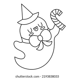 Vektorschwarz-weißer Kawaii-Geist in Hut, Bogen. Cute Halloween Linienzeichen für Kinder. Sonniger Herbst alle Heiligen Tagesgrafik mit Löffel. Samhain-Party-Tag der toten Symbol oder Farbseite 
