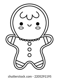 Vector black   white kawaii gingerbread man  Cute Christmas biscuit character illustration isolated white background  New Year winter smiling cookie man  Funny line icon  coloring page
