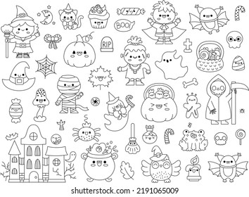 Vector Black And White Kawaii Halloween Clipart Set For Kids. Cute Line Samhain Party Coloring Page. Scary Collection With Jack-o-lantern, Haunted House, Ghost, Skull, Bat, Witch, Vampire
