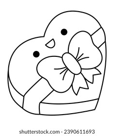 Vektorschwarz-weißes Kawaii-Herz-Süßigkeitskasten-Symbol mit Schleife. Line präsentiert mit Süßigkeiten Video-Kunst. Geräumige Geschenkgrafik. Funny St. Valentinstag farbige Seite für Kinder mit Liebeskonzept
