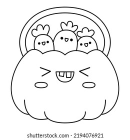 Vector black and white kawaii jack-o-lantern bag with sweets. Cute smiling Halloween line character for kids. Funny autumn scary pumpkin trick or treat illustration. Samhain party coloring page 
