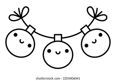 Vector black and white kawaii jingle bells. Cute Christmas ornament character illustration isolated on white background. New Year or winter smiling tree decoration. Funny line icon, coloring page
