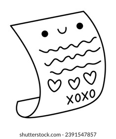 Vector black and white kawaii love letter icon. Line paper sheet isolated clipart. Cute message outline illustration. Funny Saint Valentine day coloring page for kids with love mail concept
