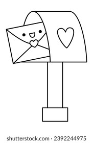 Vector black and white kawaii mail box with love letter icon. Line message with heart isolated clipart. Cute outline illustration. Funny Saint Valentine day coloring page for kids
