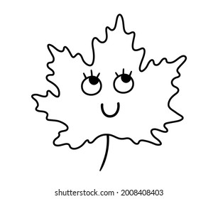 Ilustración vectorial de hoja de arce kawaii blanco y negro. Contacto de vuelta a la escuela educativa. Planta sonriente con ojos de estilo línea delgada. Gracioso esquema para los niños
