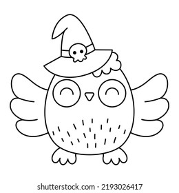 Vector Black And White Kawaii Owl In Witch Hat. Cute Smiling Halloween Line Character For Kids. Autumn All Saints Day Cartoon Bird With Spread Wings Illustration. Samhain Party Coloring Page
