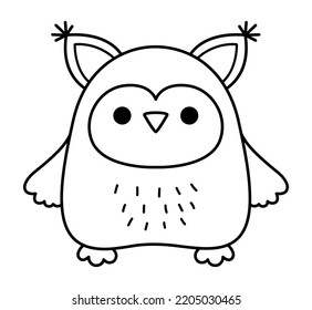 Vector Black And White Kawaii Owl. Cute Woodland Animal Character Illustration Isolated On White Background. Christmas Or Winter Smiling Forest Bird. Funny Line Icon, Coloring Page
