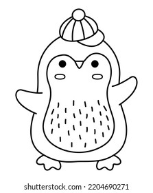 Vector black and white kawaii penguin in hat. Cute Christmas animal character illustration isolated on white background. New Year or winter smiling bird. Funny line icon, coloring page
