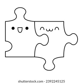 Vector black and white kawaii puzzle pieces. Line quiz details isolated clipart. Cute Saint Valentine day illustration. Funny coloring page for kids with love or perfect match or pair concept
