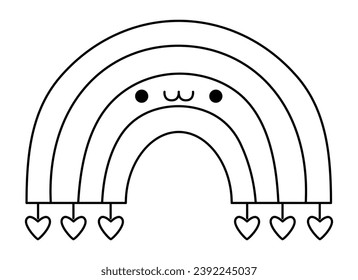 Vector black and white kawaii rainbow icon with hearts. Line nature bow isolated clipart. Cute outline illustration. Funny Saint Valentine day coloring page for kids with love concept
