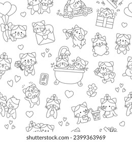 Vector black and white kawaii Saint Valentine seamless pattern for kids. Cute cartoon line repeat background. Love holiday symbols coloring page with cats pair. Adorable dating kittens
